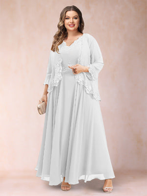 A-Line/Princess V-Neck 3/4 Sleeves 2 Pieces Plus Size Mother of the Bride Dresses with Applique