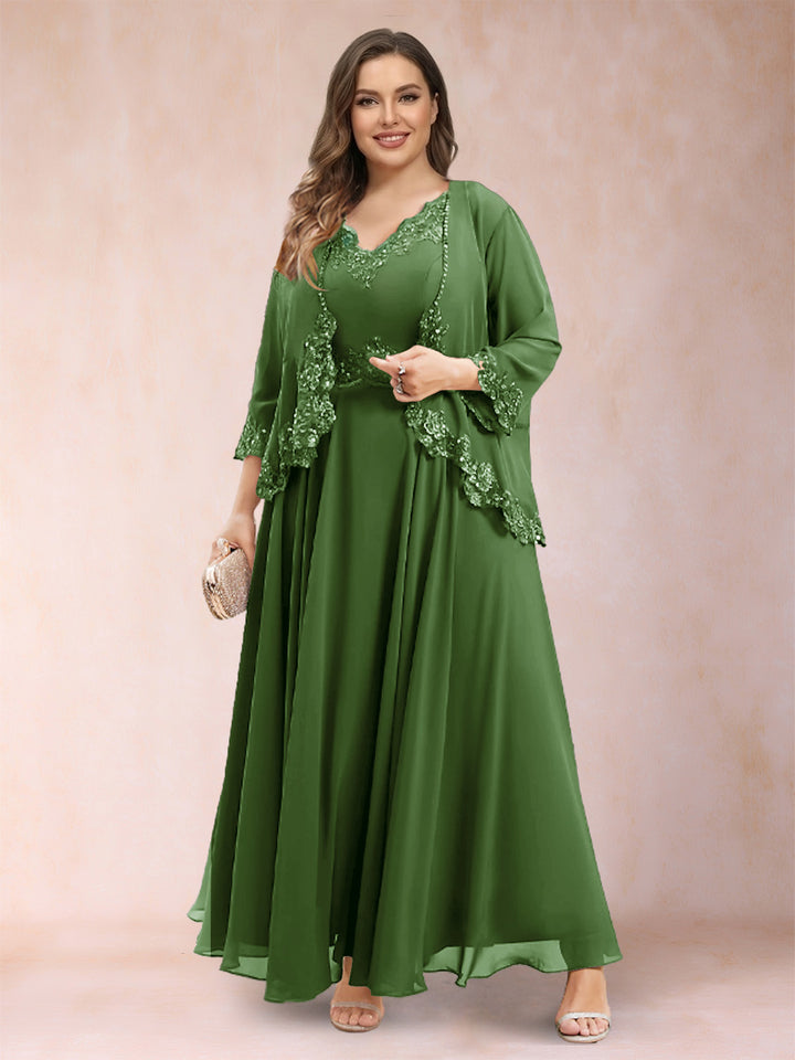 A-Line/Princess V-Neck 3/4 Sleeves 2 Pieces Plus Size Mother of the Bride Dresses with Applique