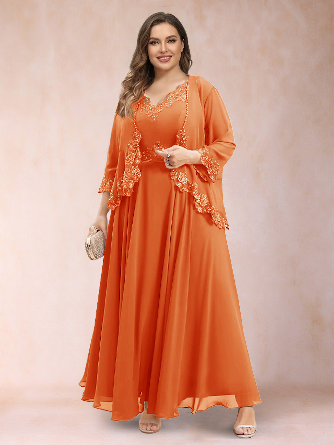 A-Line/Princess V-Neck 3/4 Sleeves 2 Pieces Plus Size Mother of the Bride Dresses with Applique