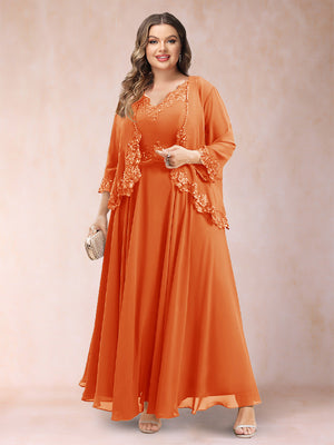 A-Line/Princess V-Neck 3/4 Sleeves 2 Pieces Plus Size Mother of the Bride Dresses with Applique