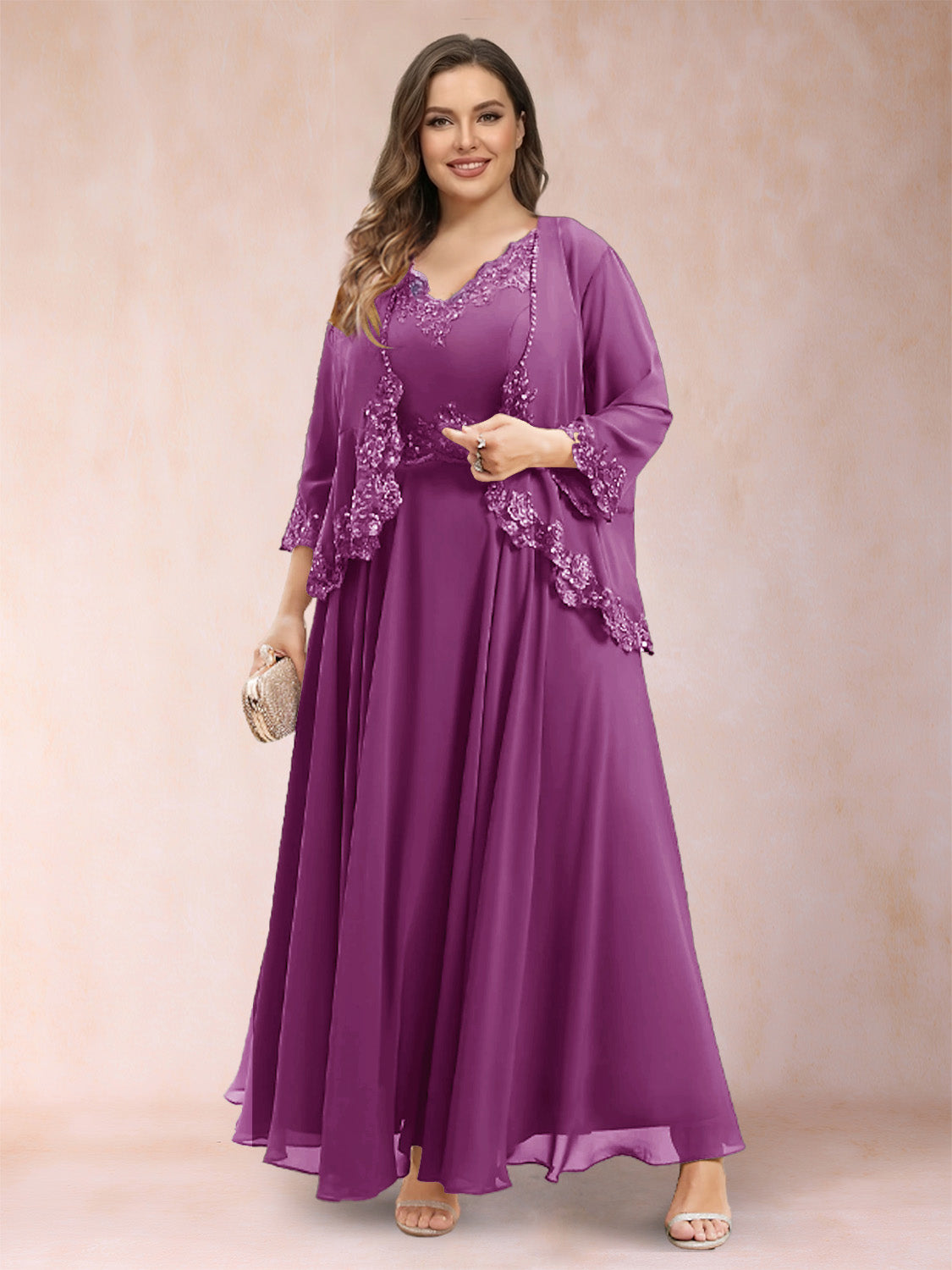 A-Line/Princess V-Neck 3/4 Sleeves 2 Pieces Plus Size Mother of the Bride Dresses with Applique