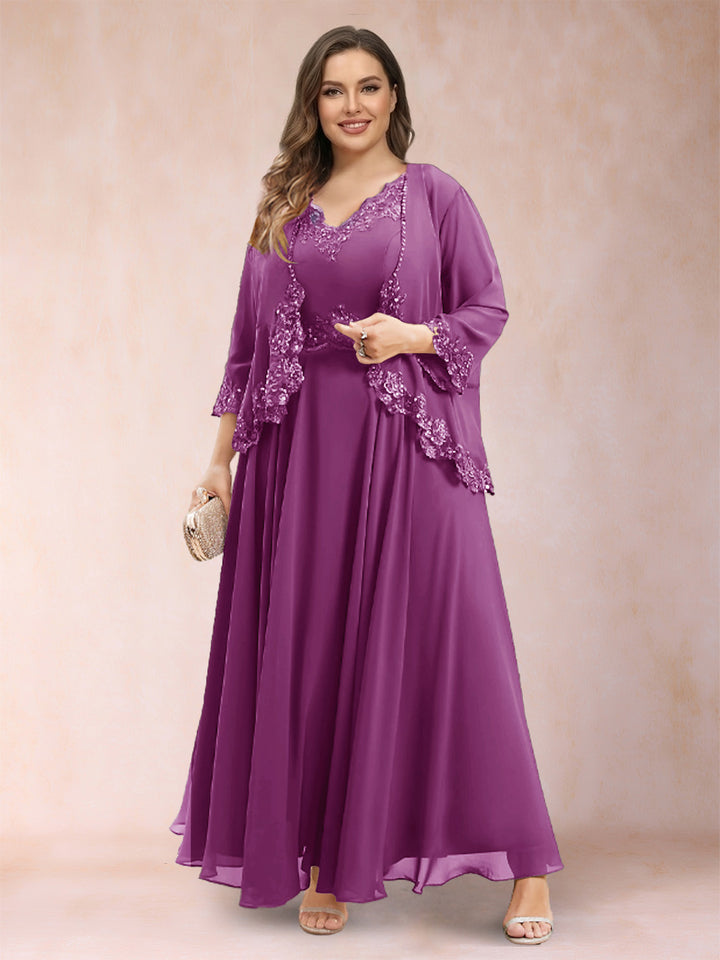 A-Line/Princess V-Neck 3/4 Sleeves 2 Pieces Plus Size Mother of the Bride Dresses with Applique