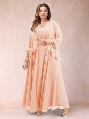 A-Line/Princess V-Neck 3/4 Sleeves 2 Pieces Plus Size Mother of the Bride Dresses with Applique