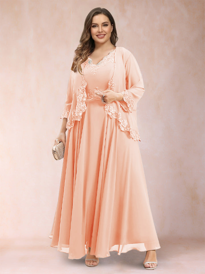A-Line/Princess V-Neck 3/4 Sleeves 2 Pieces Plus Size Mother of the Bride Dresses with Applique