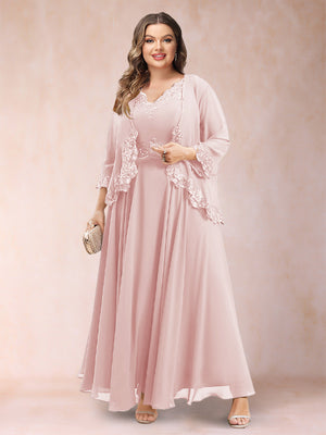 A-Line/Princess V-Neck 3/4 Sleeves 2 Pieces Plus Size Mother of the Bride Dresses with Applique