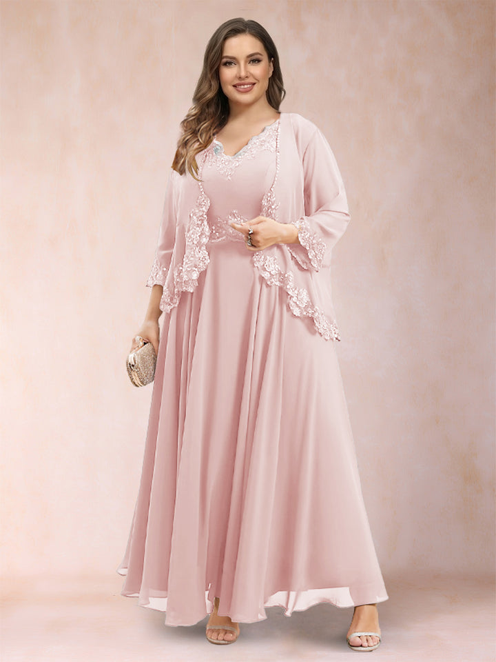 A-Line/Princess V-Neck 3/4 Sleeves 2 Pieces Plus Size Mother of the Bride Dresses with Applique