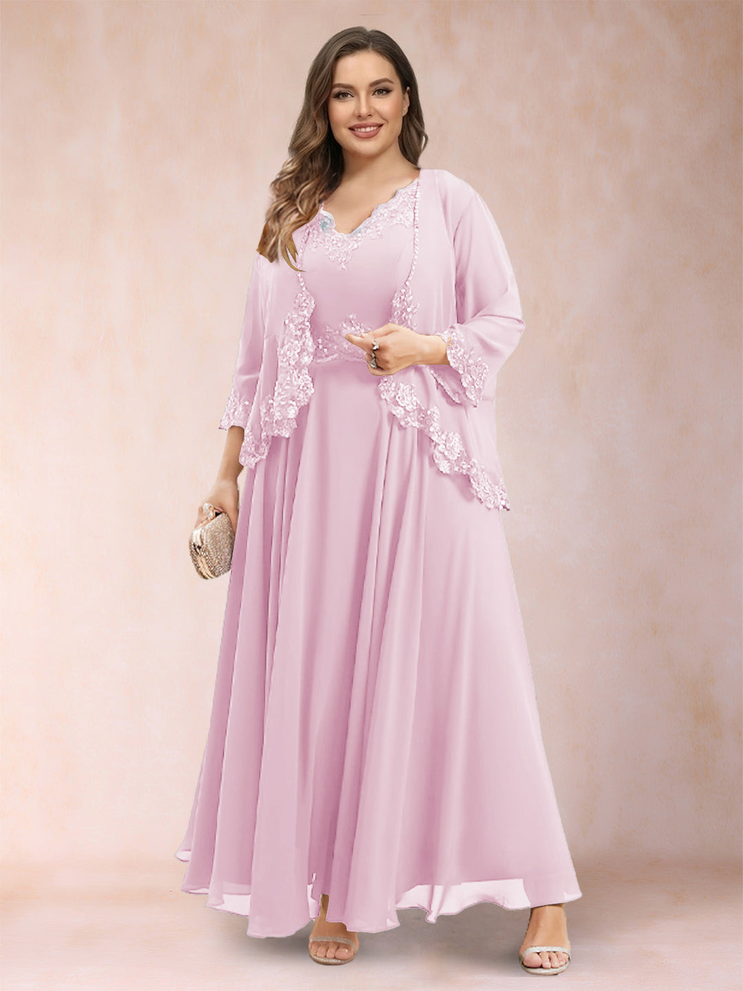 A-Line/Princess V-Neck 3/4 Sleeves 2 Pieces Plus Size Mother of the Bride Dresses with Applique