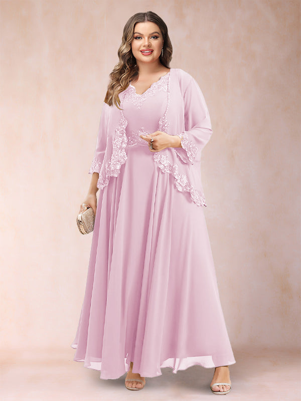 A-Line/Princess V-Neck 3/4 Sleeves 2 Pieces Plus Size Mother of the Bride Dresses with Applique