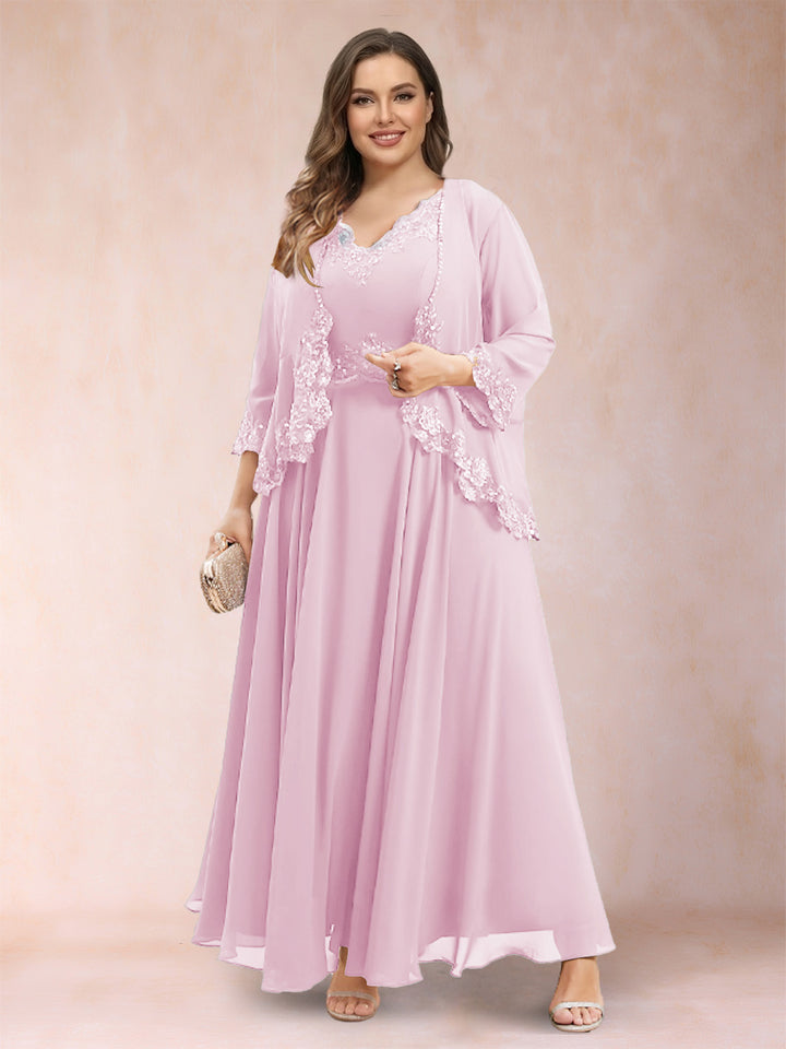 A-Line/Princess V-Neck 3/4 Sleeves 2 Pieces Plus Size Mother of the Bride Dresses with Applique