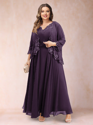 A-Line/Princess V-Neck 3/4 Sleeves 2 Pieces Plus Size Mother of the Bride Dresses with Applique