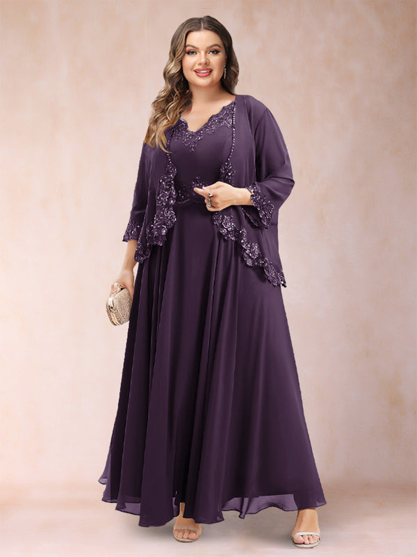 A-Line/Princess V-Neck 3/4 Sleeves 2 Pieces Plus Size Mother of the Bride Dresses with Applique