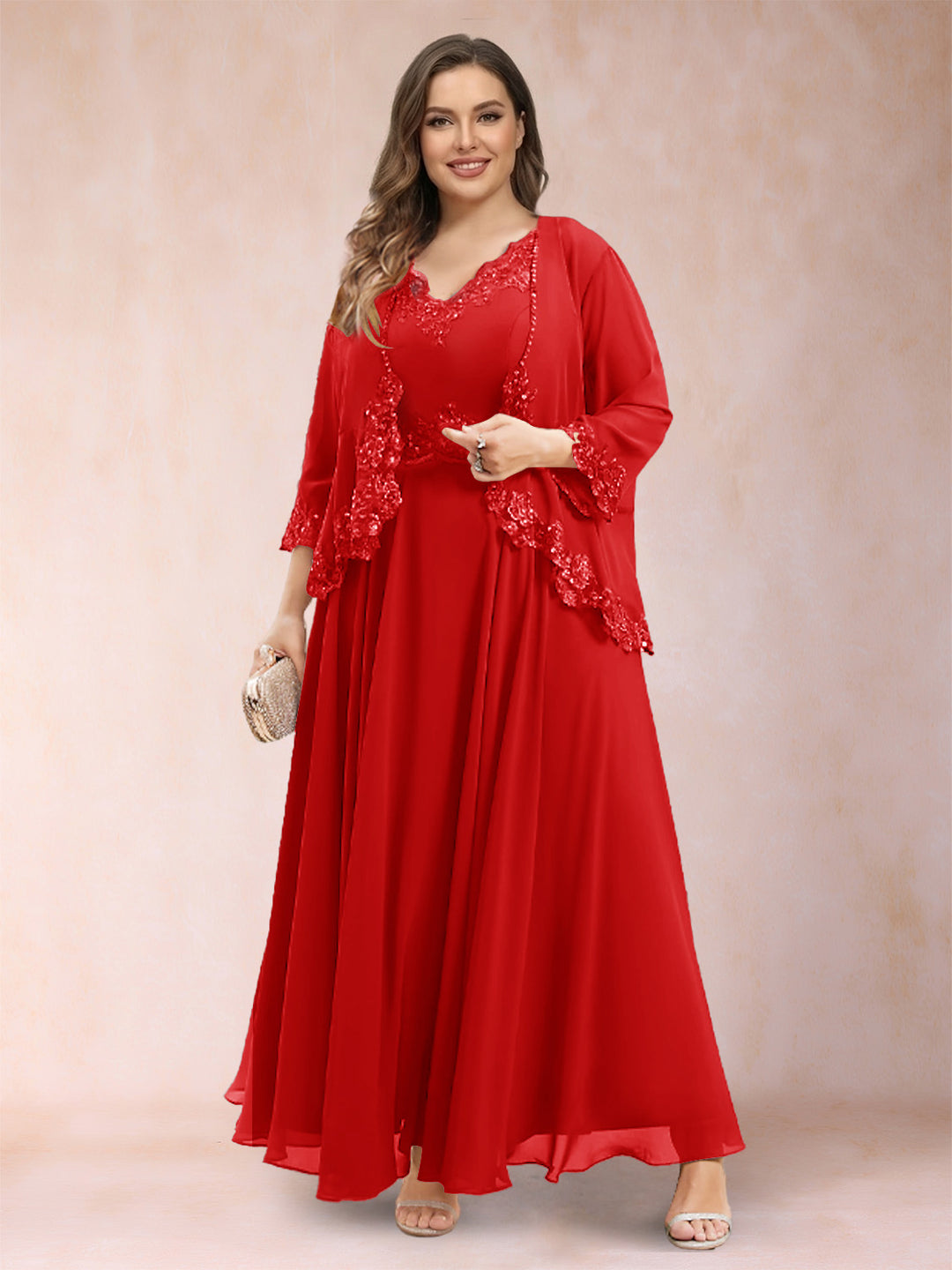 A-Line/Princess V-Neck 3/4 Sleeves 2 Pieces Plus Size Mother of the Bride Dresses with Applique