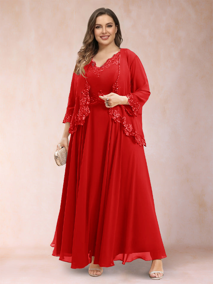 A-Line/Princess V-Neck 3/4 Sleeves 2 Pieces Plus Size Mother of the Bride Dresses with Applique