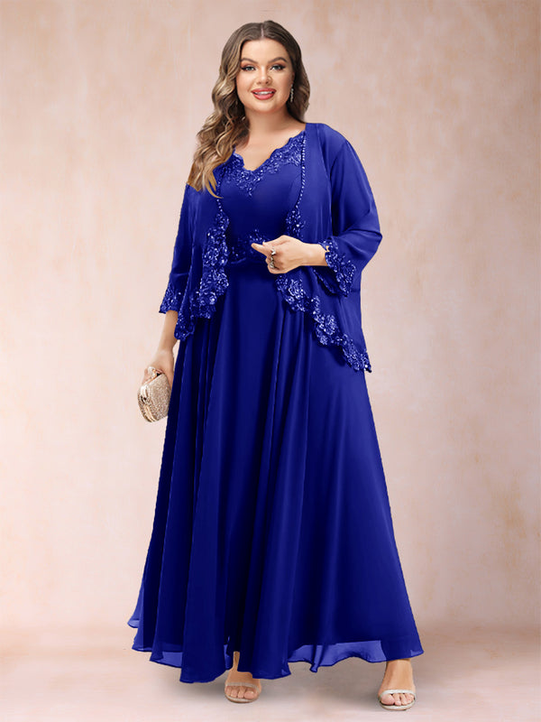 A-Line/Princess V-Neck 3/4 Sleeves 2 Pieces Plus Size Mother of the Bride Dresses with Applique