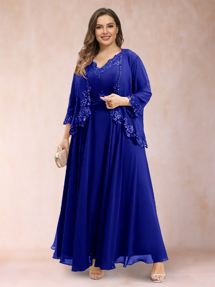 A-Line/Princess V-Neck 3/4 Sleeves 2 Pieces Plus Size Mother of the Bride Dresses with Applique