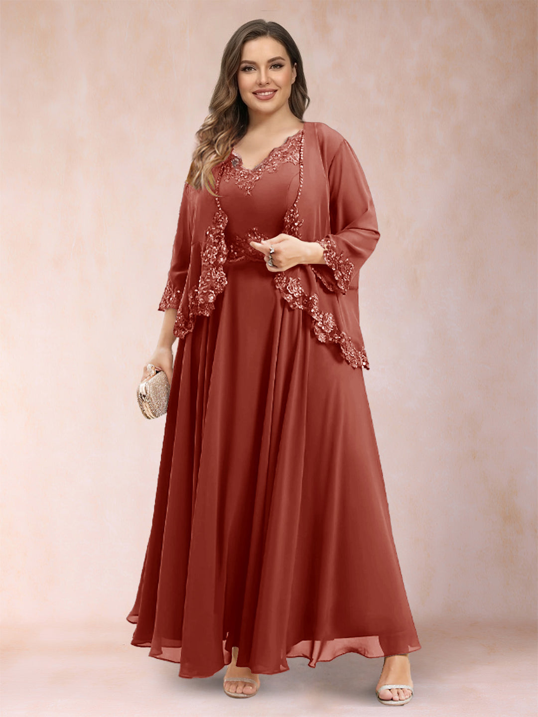 A-Line/Princess V-Neck 3/4 Sleeves 2 Pieces Plus Size Mother of the Bride Dresses with Applique