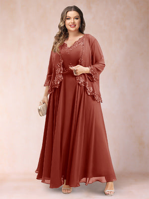 A-Line/Princess V-Neck 3/4 Sleeves 2 Pieces Plus Size Mother of the Bride Dresses with Applique