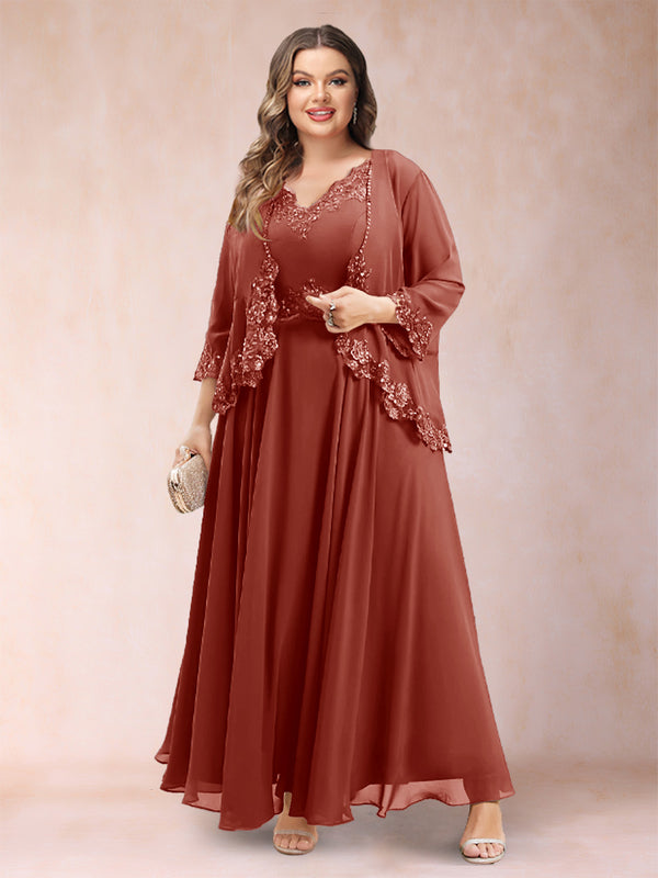 A-Line/Princess V-Neck 3/4 Sleeves 2 Pieces Plus Size Mother of the Bride Dresses with Applique