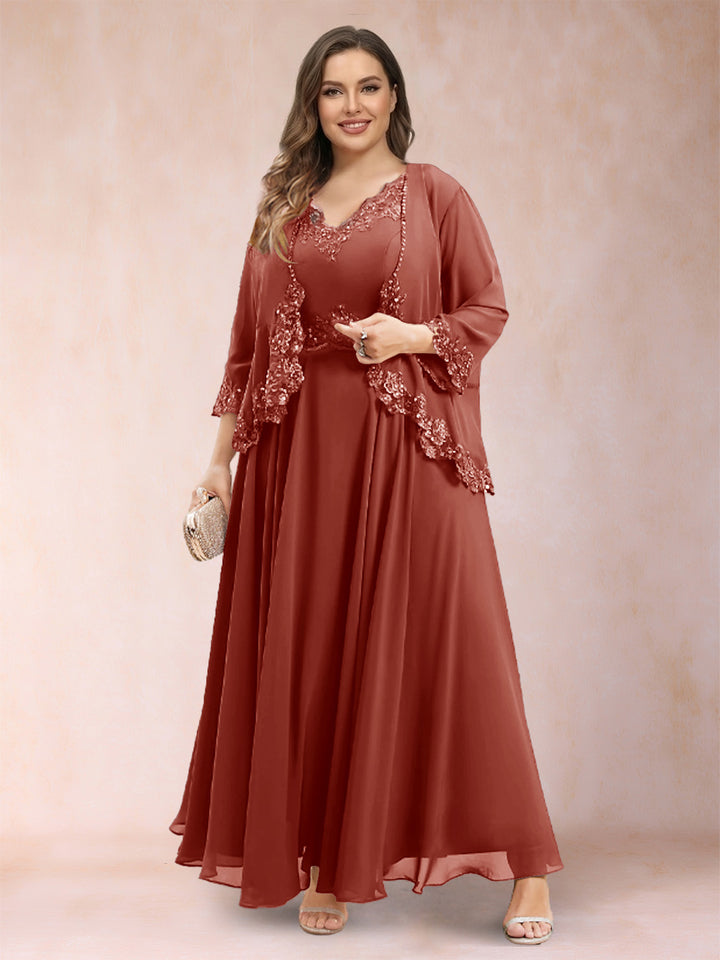 A-Line/Princess V-Neck 3/4 Sleeves 2 Pieces Plus Size Mother of the Bride Dresses with Applique