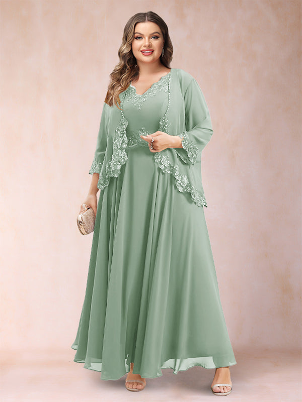 A-Line/Princess V-Neck 3/4 Sleeves 2 Pieces Plus Size Mother of the Bride Dresses with Applique