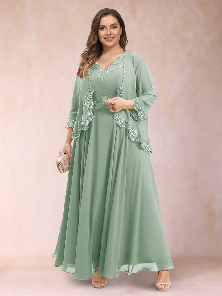 A-Line/Princess V-Neck 3/4 Sleeves 2 Pieces Plus Size Mother of the Bride Dresses with Applique
