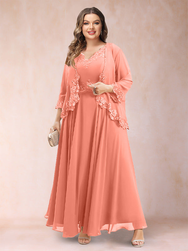 A-Line/Princess V-Neck 3/4 Sleeves 2 Pieces Plus Size Mother of the Bride Dresses with Applique
