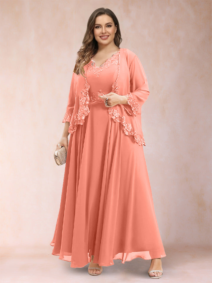 A-Line/Princess V-Neck 3/4 Sleeves 2 Pieces Plus Size Mother of the Bride Dresses with Applique