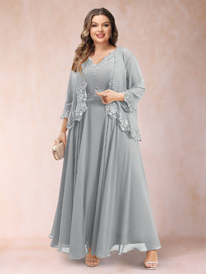 A-Line/Princess V-Neck 3/4 Sleeves 2 Pieces Plus Size Mother of the Bride Dresses with Applique