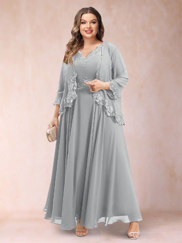 A-Line/Princess V-Neck 3/4 Sleeves 2 Pieces Plus Size Mother of the Bride Dresses with Applique