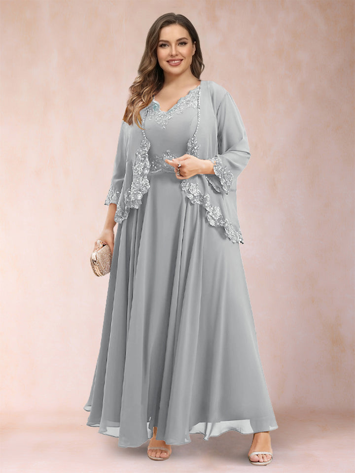 A-Line/Princess V-Neck 3/4 Sleeves 2 Pieces Plus Size Mother of the Bride Dresses with Applique