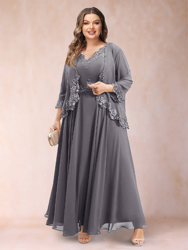 A-Line/Princess V-Neck 3/4 Sleeves 2 Pieces Plus Size Mother of the Bride Dresses with Applique