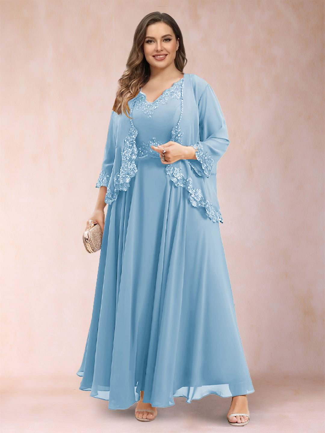 A-Line/Princess V-Neck 3/4 Sleeves 2 Pieces Plus Size Mother of the Bride Dresses with Applique