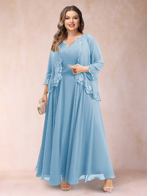 A-Line/Princess V-Neck 3/4 Sleeves 2 Pieces Plus Size Mother of the Bride Dresses with Applique