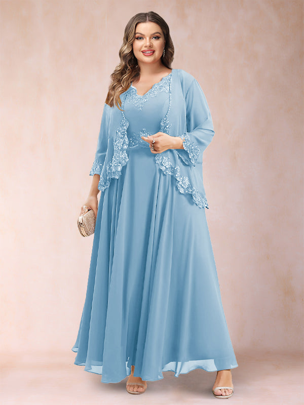 A-Line/Princess V-Neck 3/4 Sleeves 2 Pieces Plus Size Mother of the Bride Dresses with Applique