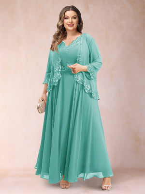 A-Line/Princess V-Neck 3/4 Sleeves 2 Pieces Plus Size Mother of the Bride Dresses with Applique