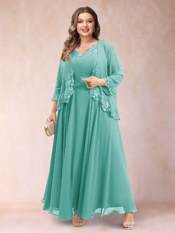 A-Line/Princess V-Neck 3/4 Sleeves 2 Pieces Plus Size Mother of the Bride Dresses with Applique