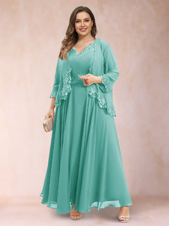 A-Line/Princess V-Neck 3/4 Sleeves 2 Pieces Plus Size Mother of the Bride Dresses with Applique