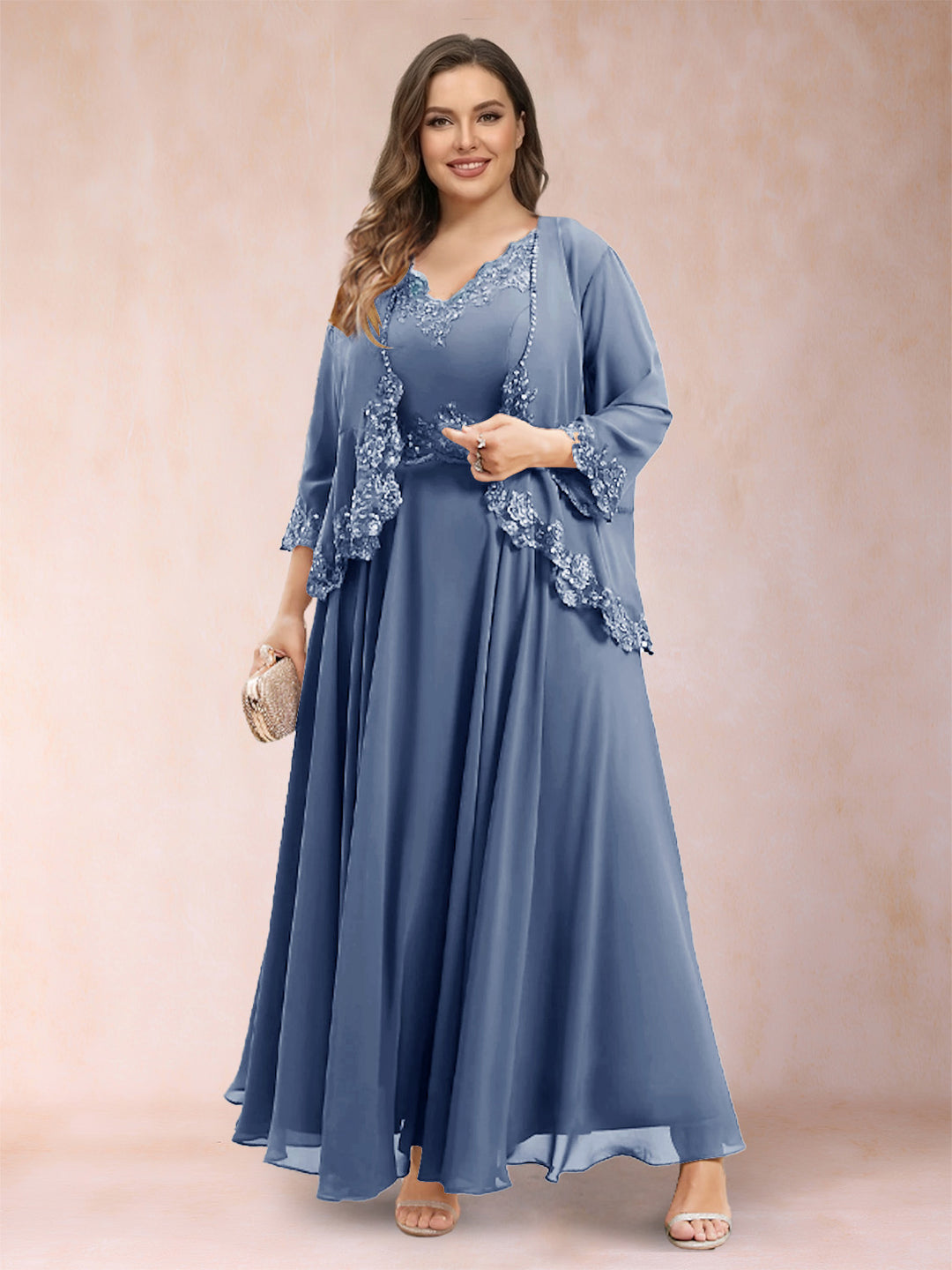 A-Line/Princess V-Neck 3/4 Sleeves 2 Pieces Plus Size Mother of the Bride Dresses with Applique