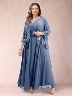 A-Line/Princess V-Neck 3/4 Sleeves 2 Pieces Plus Size Mother of the Bride Dresses with Applique