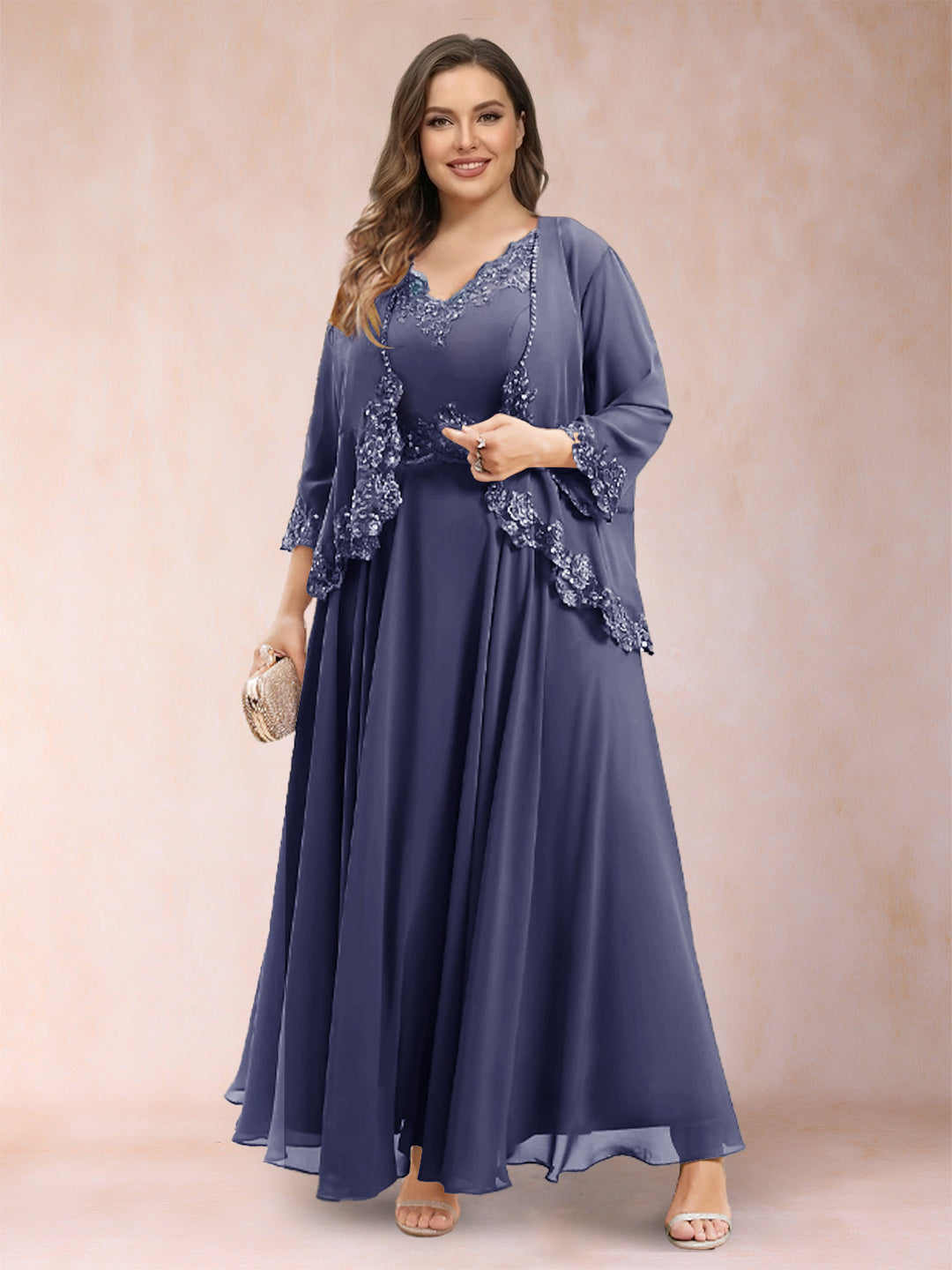 A-Line/Princess V-Neck 3/4 Sleeves 2 Pieces Plus Size Mother of the Bride Dresses with Applique