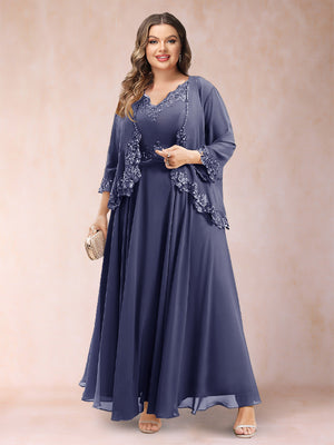 A-Line/Princess V-Neck 3/4 Sleeves 2 Pieces Plus Size Mother of the Bride Dresses with Applique