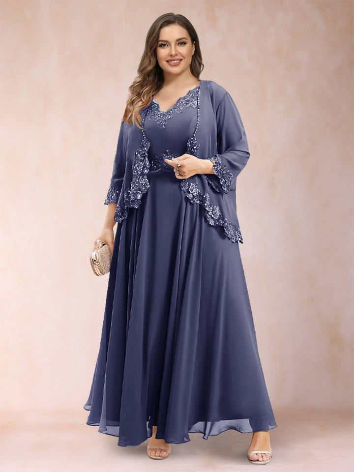 A-Line/Princess V-Neck 3/4 Sleeves 2 Pieces Plus Size Mother of the Bride Dresses with Applique