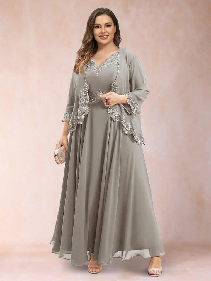 A-Line/Princess V-Neck 3/4 Sleeves 2 Pieces Plus Size Mother of the Bride Dresses with Applique