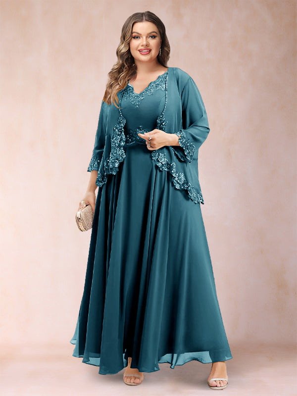 A-Line/Princess V-Neck 3/4 Sleeves 2 Pieces Plus Size Mother of the Bride Dresses with Applique