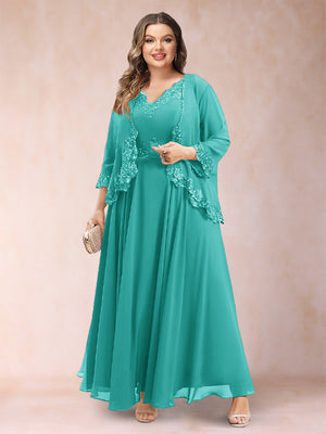 A-Line/Princess V-Neck 3/4 Sleeves 2 Pieces Plus Size Mother of the Bride Dresses with Applique