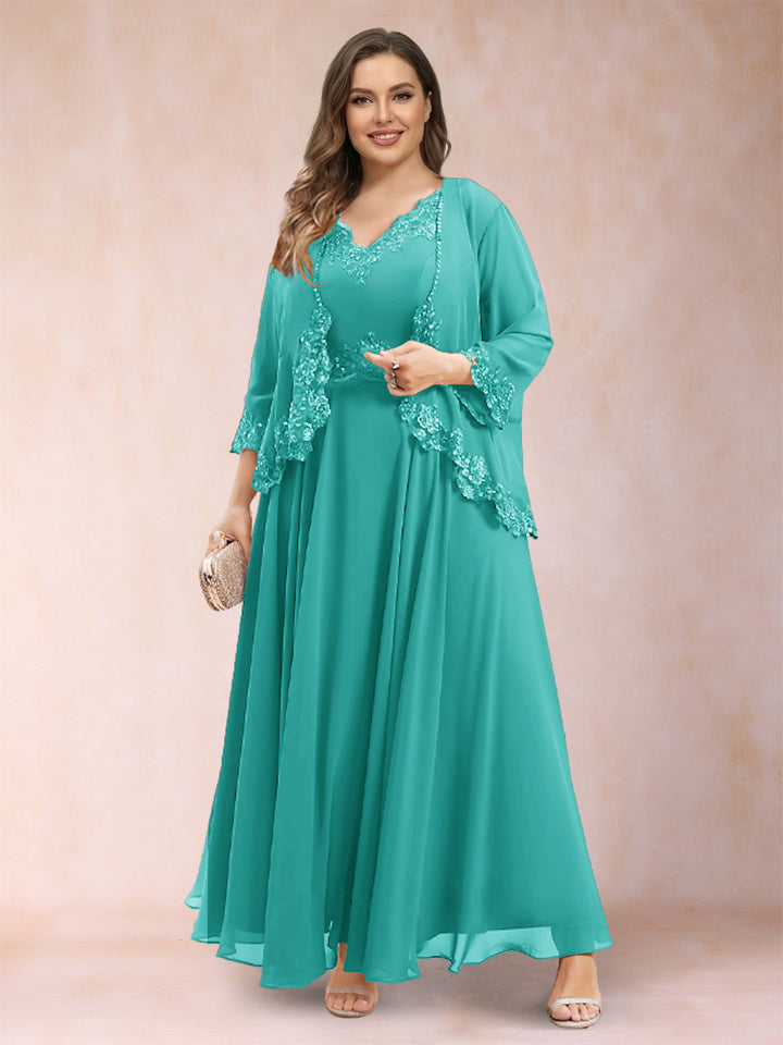 A-Line/Princess V-Neck 3/4 Sleeves 2 Pieces Plus Size Mother of the Bride Dresses with Applique