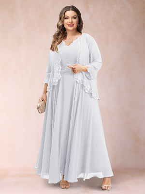 A-Line/Princess V-Neck 3/4 Sleeves 2 Pieces Plus Size Mother of the Bride Dresses with Applique