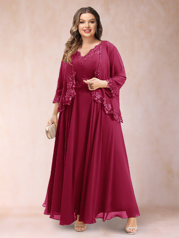A-Line/Princess V-Neck 3/4 Sleeves 2 Pieces Plus Size Mother of the Bride Dresses with Applique
