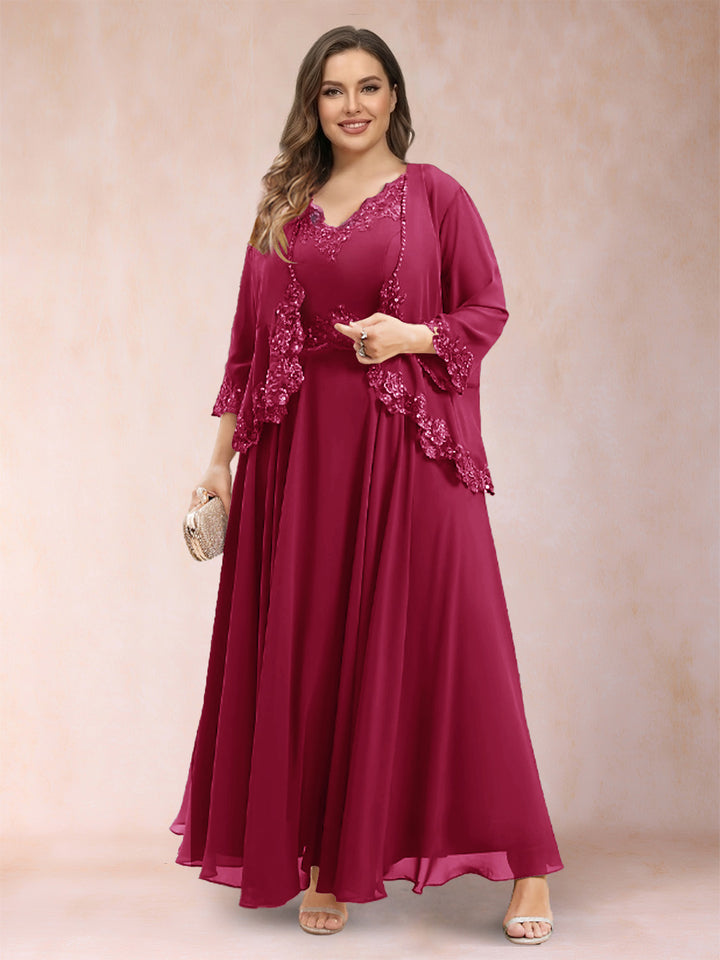 A-Line/Princess V-Neck 3/4 Sleeves 2 Pieces Plus Size Mother of the Bride Dresses with Applique
