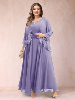 A-Line/Princess V-Neck 3/4 Sleeves 2 Pieces Plus Size Mother of the Bride Dresses with Applique